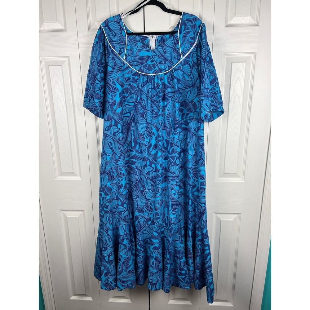 Winnie Fashion Hawaiian MuuMuu Dress Tropical Boho Coastal Blue 4XL